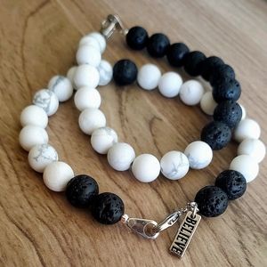 Black lava and White  round bead energy bracelet
